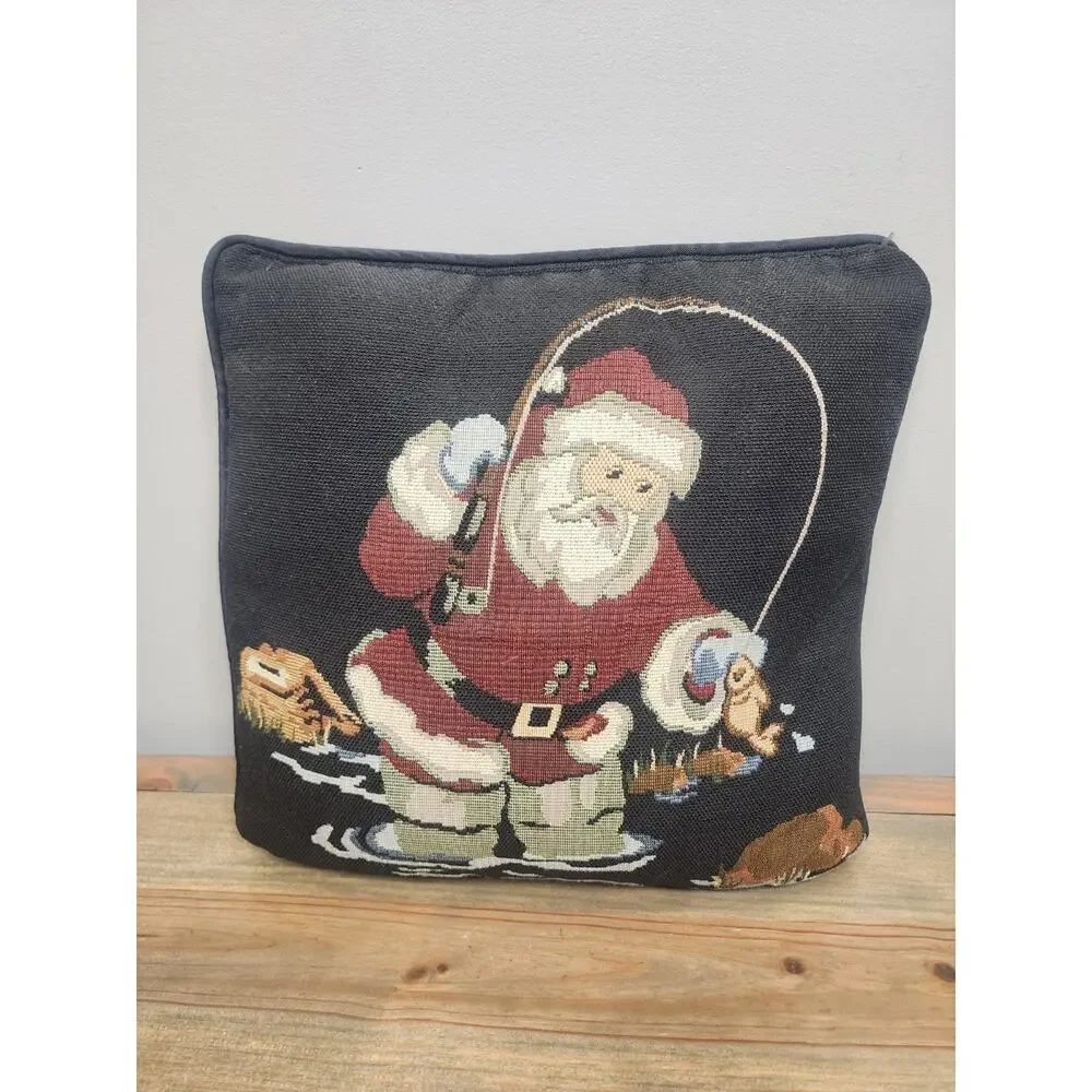 Christmas Needlepoint Pillow 12” X 12” Santa Fishing